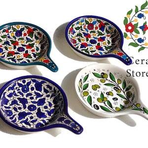 Ceramic Spoon Rest l  Serving Pan | Handmade Handpainted Palestinian Product |  Navy Blue and White | Floral Multi Colored | Hebron art