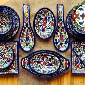Palestinian Handmade Hand-Painted High Quality Tableware Ceramic Set of 15 Items | Multicolored Floral  | Ceramic Tableware Set | Colorful