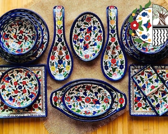 Handmade Palestinian Ceramic Tableware Set: Floral Design, 15 Piece