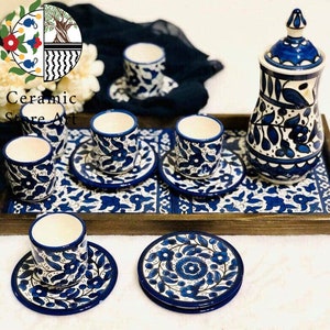 Coffee Serving Set with Tray Drinkware Ceramic Set | Handmade handcrafted Ceramic Serving Set | Hebron Ceramic | Multicolored floral | Navy