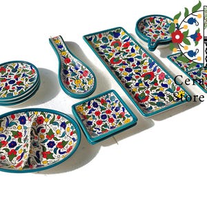 12-Piece Handmade Palestinian Ceramic Set | Navy, Multicolored, Turquoise | Breakfast Set | Perfect Gift | Elegant Pottery