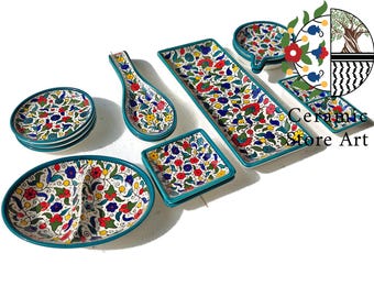 12-Piece Handmade Palestinian Ceramic Set | Navy, Multicolored, Turquoise | Breakfast Set | Perfect Gift | Elegant Pottery