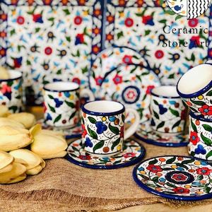 Hebron Ceramic Coffee Serving Set | High Quality Handcrafted Palestinian Ceramic | Serving Tray & Cups | Fine Art Handmade Hand Painted Set