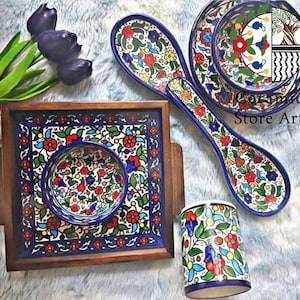 Set of 8 ceramic items  | Multicolored floral | Blue and white | Handmade Ceramic Mugs Ceramic Tray Hand Rest spoon | Ceramic Set
