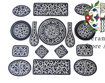 Breakfast 18 pieces Ceramic Set | Handmade Hand-painted Holy Land Ceramic Tableware Set  | Navy Blue & White Patterns | Dinning l Kitchen