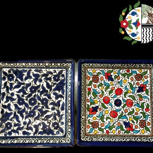 Ceramic Serving square plate 16 cm  | Palestinian Handmade Hand painted  | Navy  | Floral Multicolored | olives Pattern | Turquoise