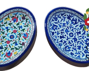 Oval shaped ceramic serving platter 30cm Length  | Handmade Handpainted  Ceramic | Multi Colored Floral | Blue and white | Hebron Ceramic
