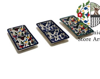Ręcznie robiony palestyński ceramiczny talerz na sól i pieprz z Hebronu: wzór kwiatowy