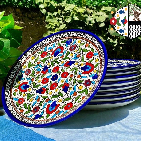 Large Ceramic Plates set  | Palestinian Handmade Hand-Painted Ceramic| Multicolored Floral | Navy Blue white | Ceramic plates Set