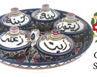 Zeit W Zaatar Ceramic Bowl, Olive, Yogurt, cheese + Fruit Large bowl l Handmade Hebron Palestinian | Multi Colored  | Navy Blue White