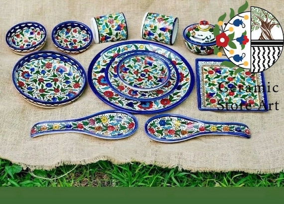 Handgemachte palästinensische Keramik Frühstück Set: Mehrfarbiges florales Geschirr