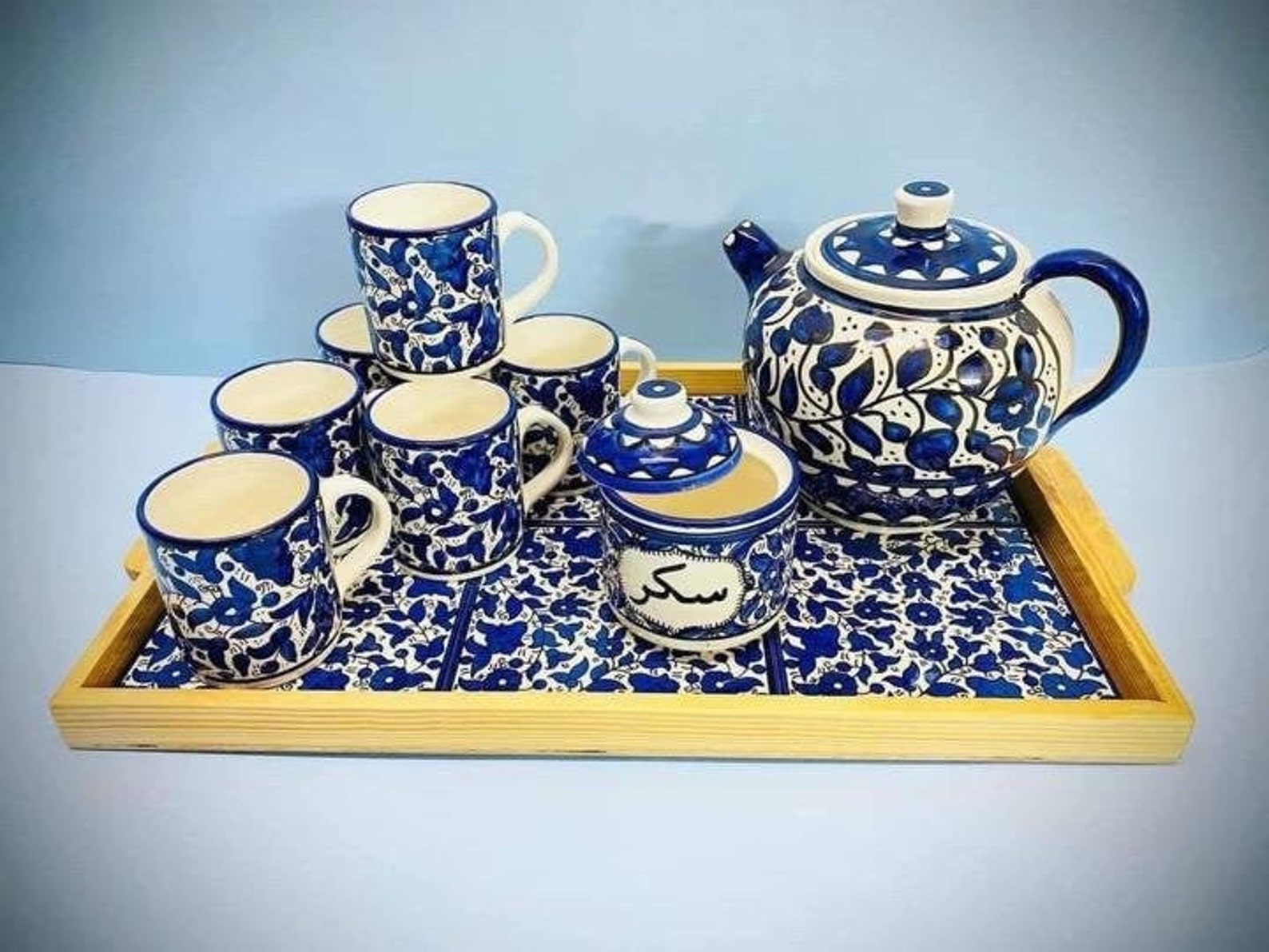 Drinkware Ceramic Tea Set Navy Blue and White Serving Tray Etsy