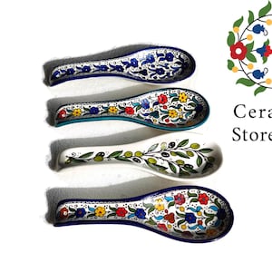 Keramik Servierlöffel Ablage l Floral Bunt | Marineblau | Türkis l Oliven Muster | Handgemaltes palästinensisches Produkt l Löffelablage