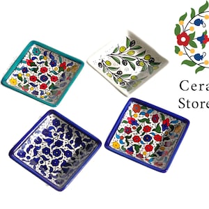 Ceramic Square Dish 11cm | Palestinian Handmade Hand painted ceramic Square Plate | Blue & White  | Floral Multicolored | Turquoise | Olives