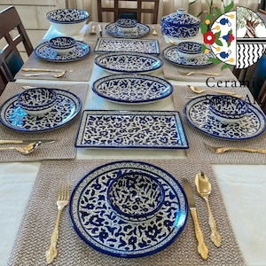 King's Set Tableware Ceramic 18 items handmade Handpainted dinnerware  Ceramic Set | Blue & White | colorful  | Palestinian Hebron ceramic