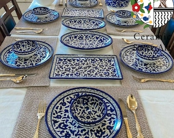 King's Set Tableware Ceramic 18 items handmade Handpainted dinnerware  Ceramic Set | Blue & White | colorful  | Palestinian Hebron ceramic