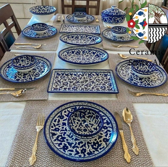Hebron Keramik Geschirr Set: Bunt , Navy, Olive, Turqousie Geschirr Handbemalt