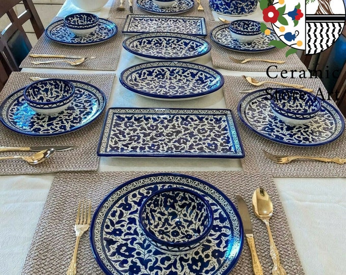 Hebron Ceramic Dinnerware Set: Multicolored , Navy , Olive , Turqousie Tableware Hand-Painted