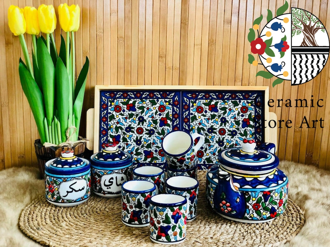 Handmade Palestinian Ceramic Tea Set: Floral Design, Serving Tray - Etsy