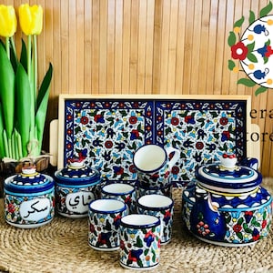 Palestinian Handmade Handpainted Drinkware Ceramic Tea Set | Multi Colored Floral | Serving Tray | Sugar & Tea Containers | Cups | Teapot