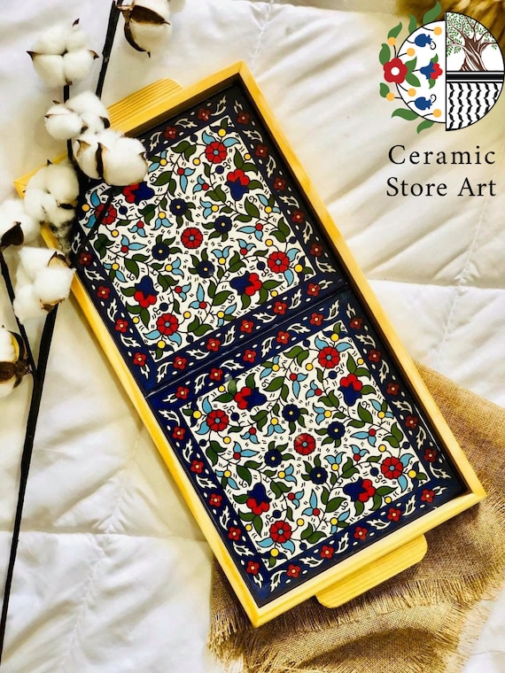 Handmade Hebron Ceramic Serving Tray: Wooden Tray with Hand-Painted Floral Design