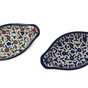 Oval shaped Ceramic Serving Dish   | Handmade Handpainted Palestinian Product | Oval Shaped Navy Blue and white | Multi colored l Hebron