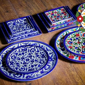 Palestinian Ceramic Serving Set of 12 Items Floral Multi Colored | Blue and white | Handmade Hand-painted  | Hebron Ceramic | Ceramic Plates