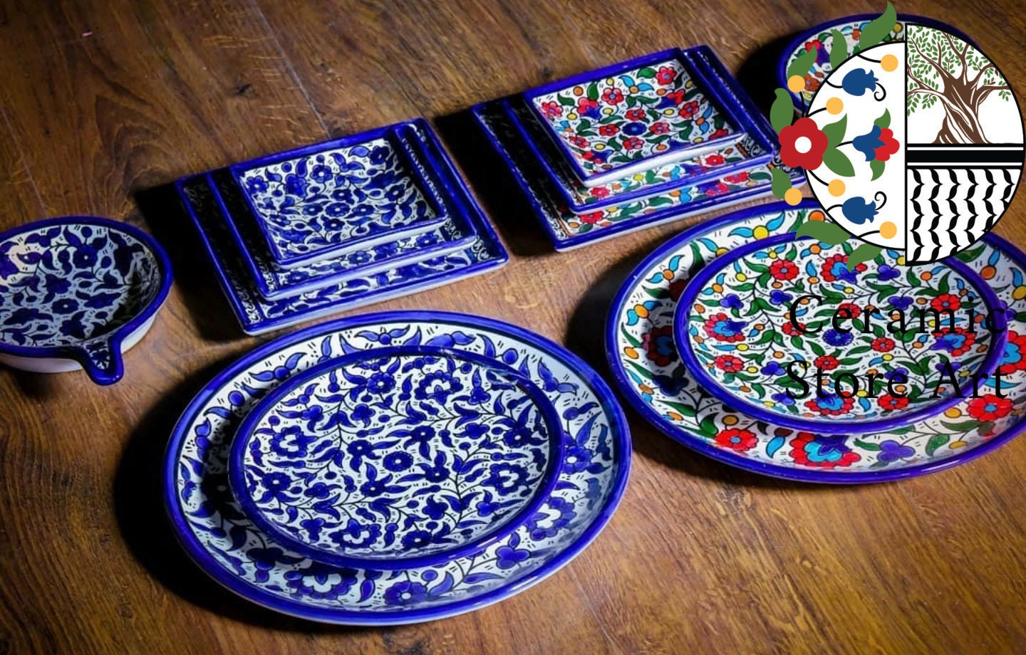 Hand-painted Palestinian Ceramic Serving Set: Floral Hebron Plates