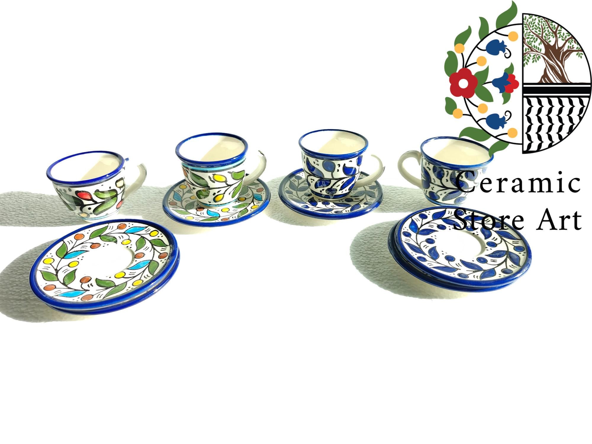 Handmade Ceramic Coffee Cup Set: Floral Hebron Art, Set of 6