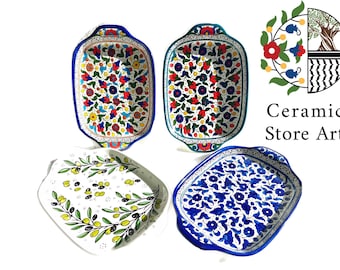 Ceramic Rectangular Plate | Handmade Hand-Painted | Multicolored | Turquoise | Navy | Olives Pattern | Palestinian Hebron Ceramic Dish