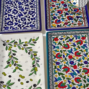 Ceramic Rectangular Dish Plate | Handmade Hand painted Ceramic | Multi Colored Floral | Navy | Turquoise | Olives Palestinian Hebron Ceramic
