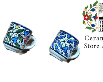 Handmade Palestinian Hebron Ceramic Small Coffee Mug: Hand-Painted Floral Design