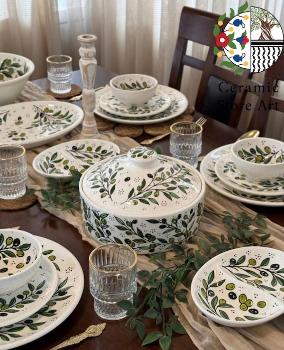 Handgefertigtes Hebron Keramik Geschirr King's Set | Florales Geschirr, 24- Teilig