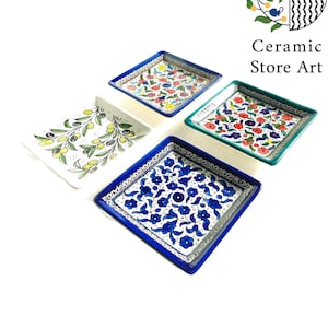 Ceramic Square Plate 13cm | Palestinian Handmade Hand painted ceramic Square Dish|  Blue & White  | Floral Multicolored | Turquoise | Olives