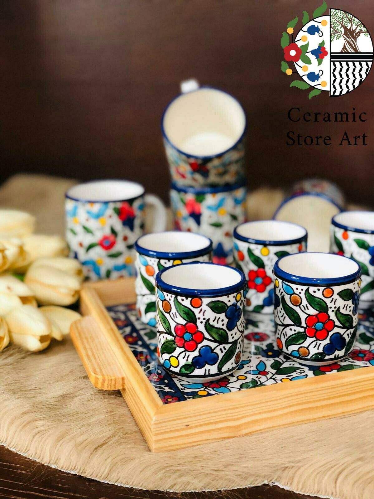 手作りパレスチナ陶器コーヒーセット：花柄サービングトレイとカップ