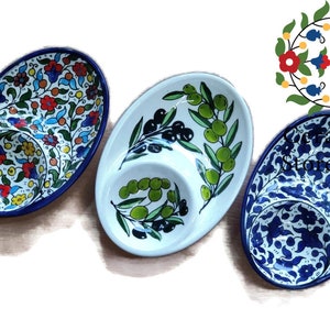 Oval ceramic Serving Plate 2 Section | Handmade Hand painted |  Floral Multicolored | Navy Blue | Olive leaf | Turquoise | Hebron ceramic
