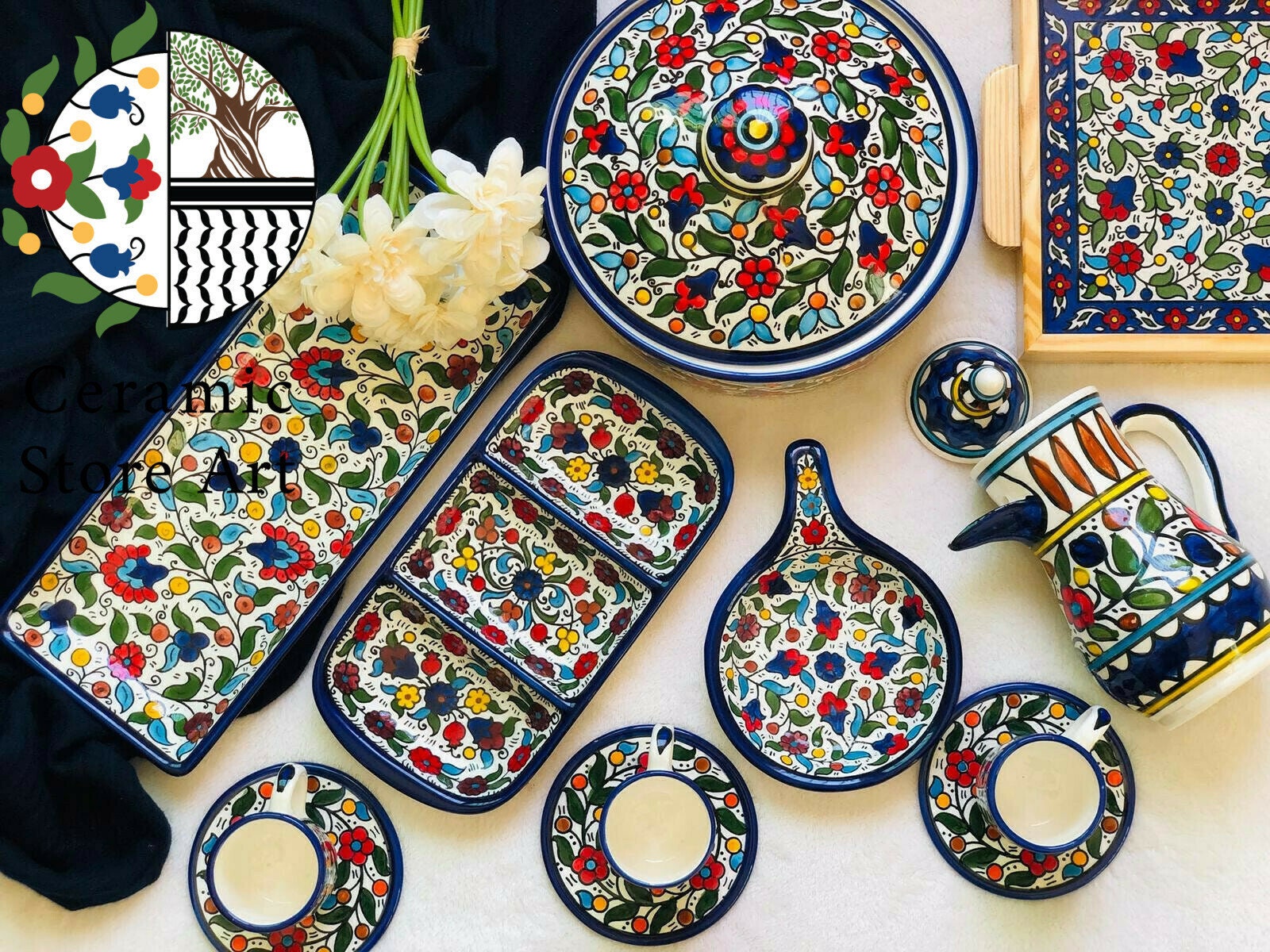 Ceramic Bowl 10cm Handmade Handpainted High Quality Ceramic Palestinian Product Hebron Ceramic Multi Colored Floral Blue and white