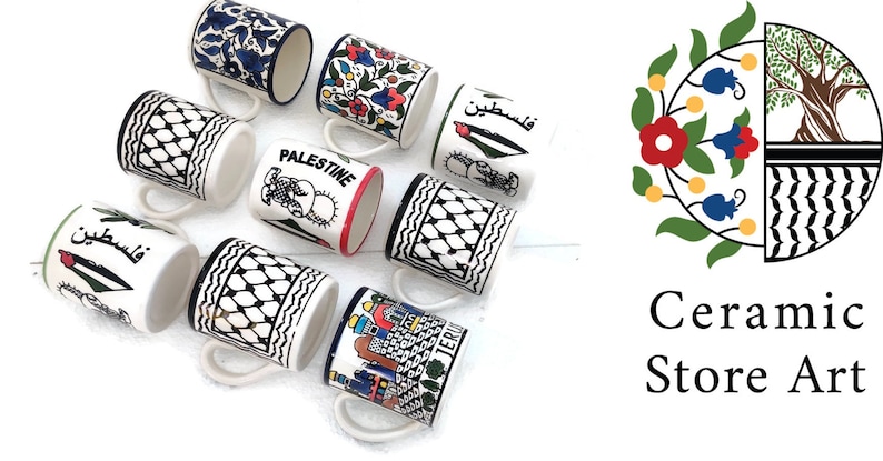 May include: A collection of ceramic mugs featuring a variety of designs, including floral patterns, geometric shapes, and Arabic script. The mugs are white with black, blue, red, and green accents. The mugs are displayed on a white surface. The image also includes a logo for a ceramic store with the text "Ceramic Store Art".
