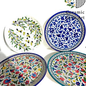 Ceramic Plates 26cm | Palestinian Handmade Hand-Painted Ceramic | Multicolored Floral | Navy | Turquoise | Olives | Hebron Ceramic Plates
