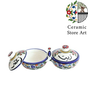 Zeit & Zaatar Ceramic Bowl with handle l Handmade Handpainted Hebron Palestinian Product | Multi Colored Floral | Navy Blue and White