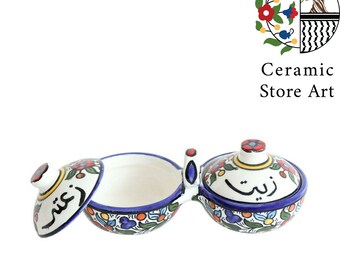 Zeit & Zaatar Ceramic Bowl with handle l Handmade Handpainted Hebron Palestinian Product | Multi Colored Floral | Navy Blue and White