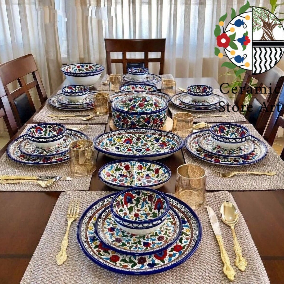 Kings Set Tableware Ceramic 24 items handmade Handpainted high quality traditional serving Ceramic Set | Multicolored | Palestinian Hebron
