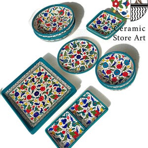 Palestinian Hebron 10 Items Set | Handmade Hand-painted High Quality Ceramic Tableware Set | Navy & White Patterns |Multicolored | Turquoise