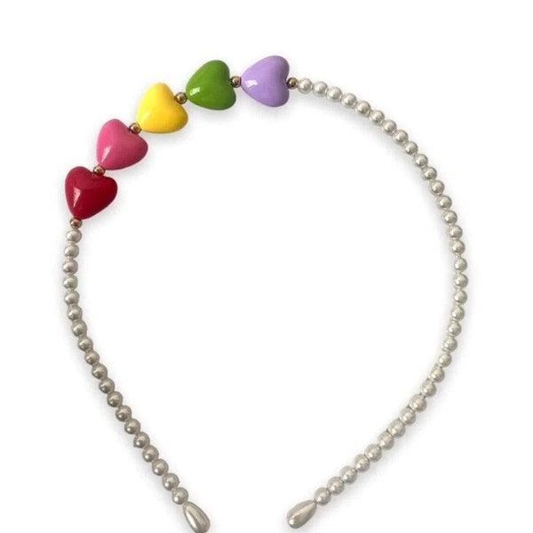 PEARL HEADBAND, Tiny Heart Charm, RAINBOW Headband, Little Girl Headband, Rainbow Hearts Pearl No Slip Headband for Cute Little Girls