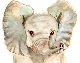 Baby Elephant, Vintage look, Watercolor Giclee Print, High quality print on Watercolor Paper, 9x12, 8x10, 5x7 Sizes, Nursery Art