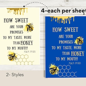 Bee PRINTABLE | Scripture Art | Eight Gift Tags | Psalm 119:103 | Sweet as Honey, 2.5&quot;x3.5&quot; cards | Digital Collage sheets | 2 styles
