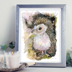 Hedgehog in Tree Hollow, childrens art, Watercolor Portrait, Giclee High Quality printing on Watercolor Paper, 3 size options