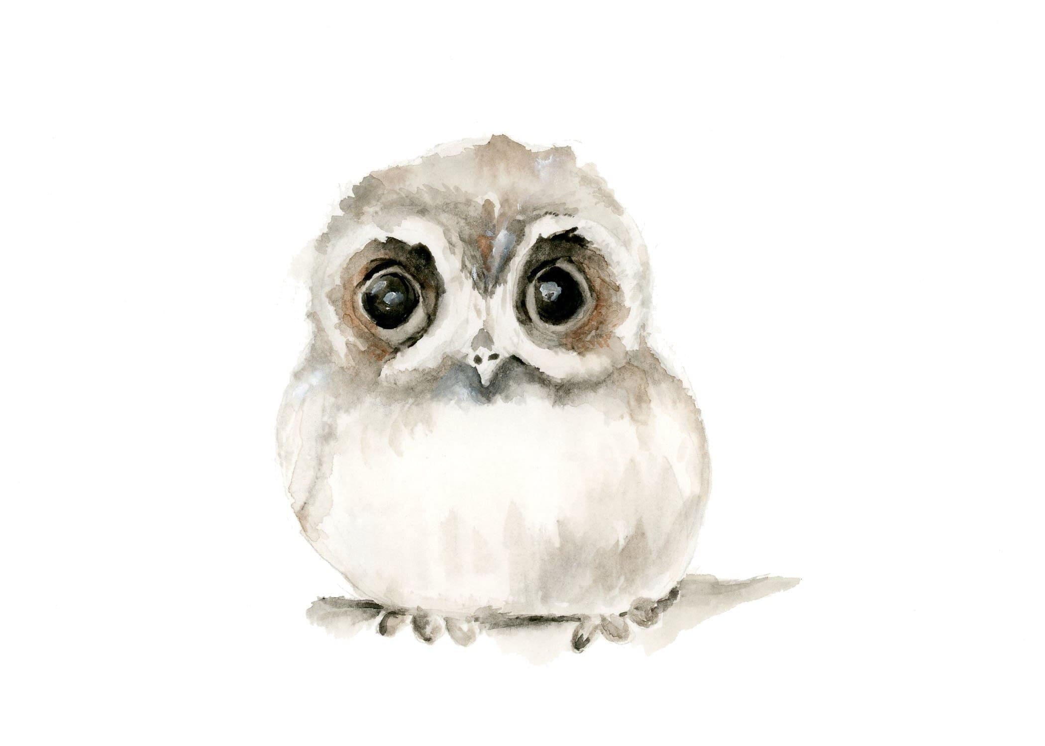 Baby Owl, Giclée Watercolor, 2 Size Options, 5x7 Vertical OR 8x10 Horizontal, soft grey, brow
