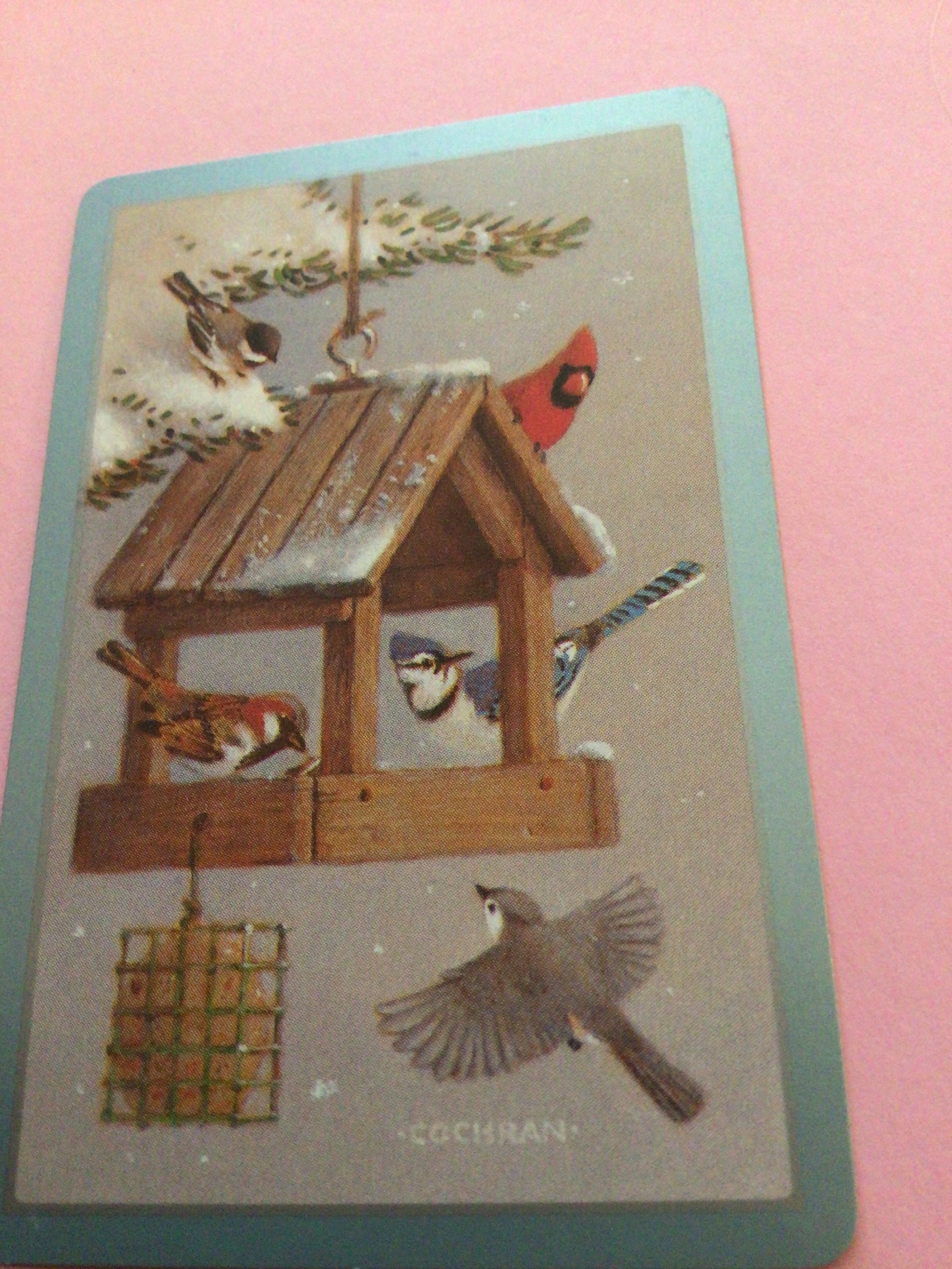 NOS Vintage playing card birdfeeder cardinal Bluejay finch  birds