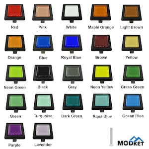 May include: A set of 18 square cabinet knobs with a variety of colors, including red, pink, white, orange, blue, green, yellow, black, gray, purple, and lavender. The knobs are made of glass and have a black metal frame.